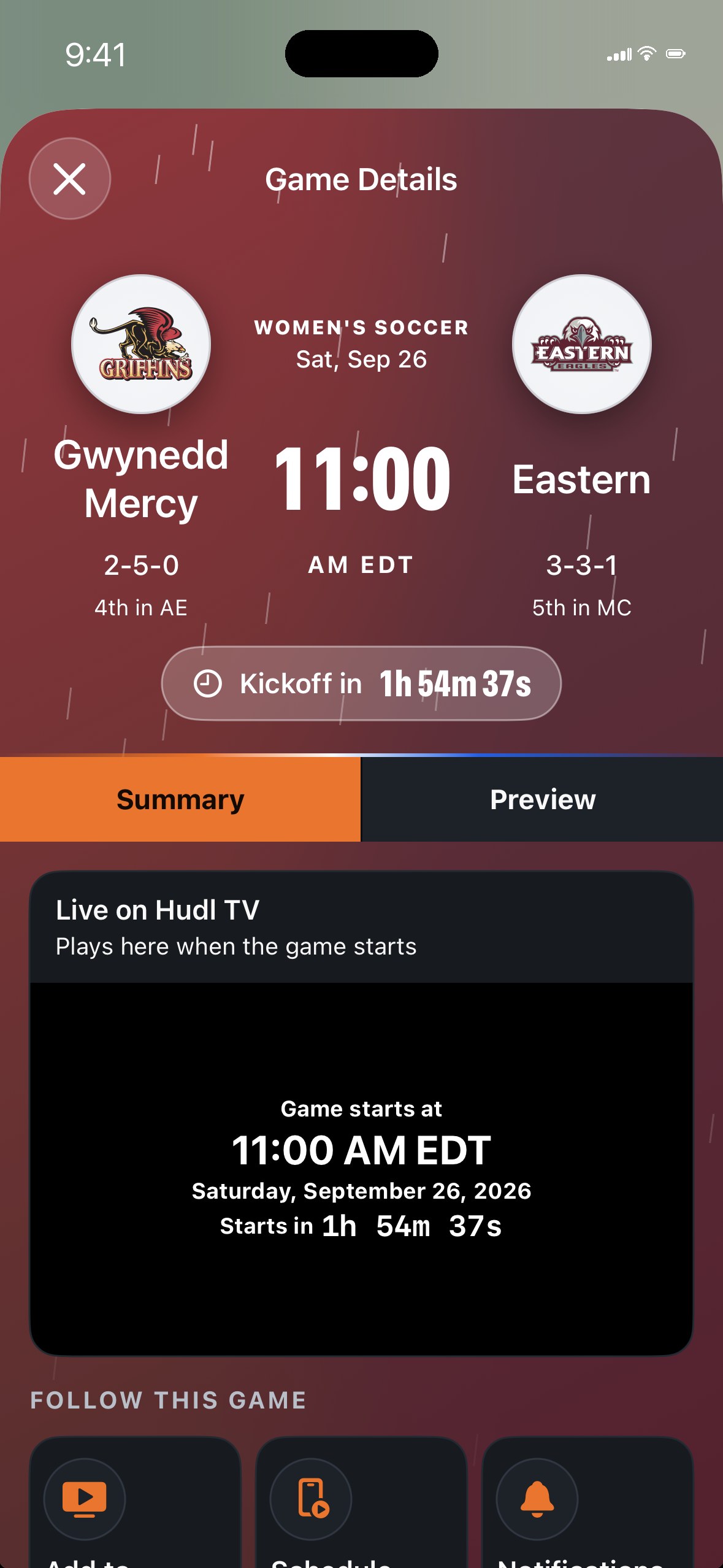 Game Details for Gwynedd Mercy at Eastern women's soccer with a kickoff countdown and the Hudl TV feed card