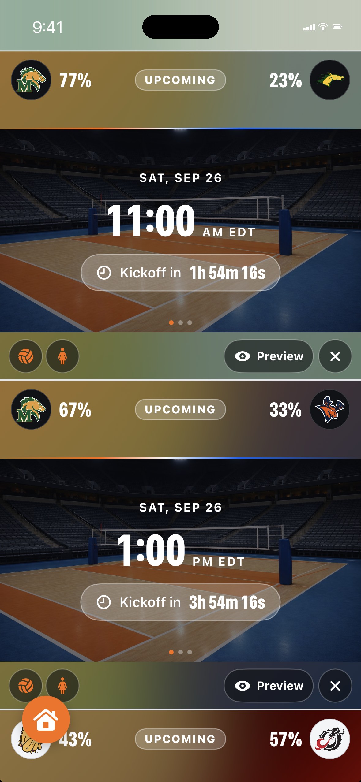 Live view on iPhone with three volleyball games stacked, each with a kickoff countdown and win probabilities